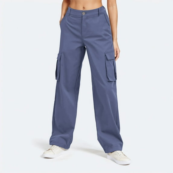 Ladies Solid Color Cargo Pants Wide Leg Casual High Waisted Chino Pants Outdoor Travel Trousers Teen Girls Schoolwear Streetwear Navy XL