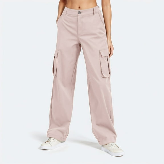 Ladies Solid Color Cargo Pants Wide Leg Casual High Waisted Chino Pants Outdoor Travel Trousers Teen Girls Schoolwear Streetwear S