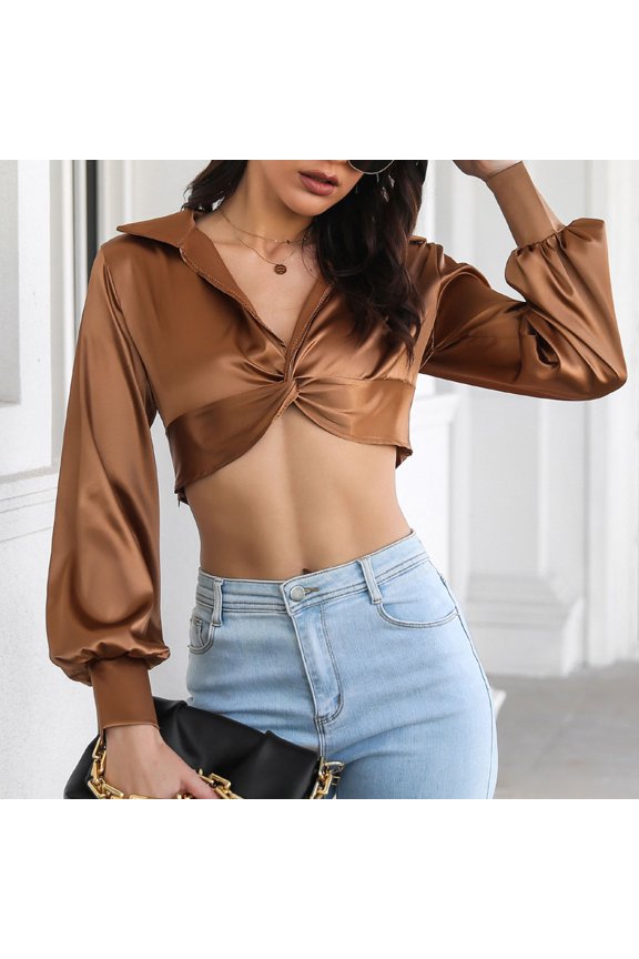 Ladies' Solid Color Casual Fashion Lantern Sleeve Long Sleeved Lapel Top, Stylish Long Sleeve Buttoned Shirt, Trendy Lantern Sleeve Blouse for Women, Casual Lapel Shirt