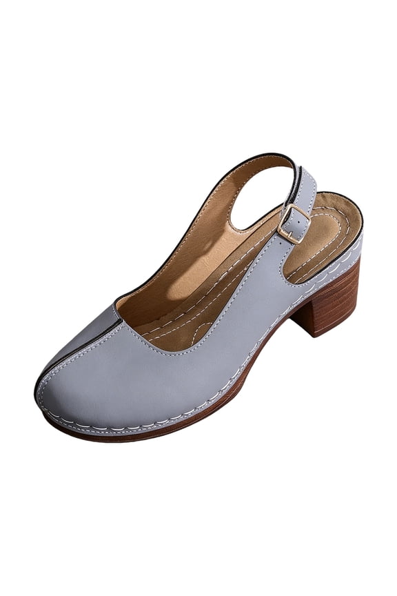 Ladies' Solid Color Chunky Heel Slingback Pumps, Soft Non‑slip Cushioned Adjustable Strap Breathable Summer Footwear Gray 36