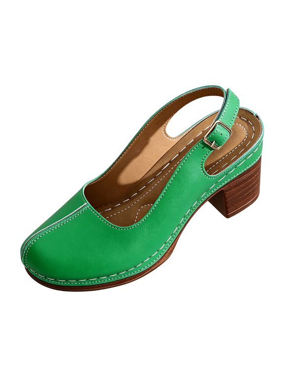 Ladies' Solid Color Chunky Heel Slingback Pumps, Soft Non‑slip Cushioned Adjustable Strap Breathable Summer Footwear Green 39