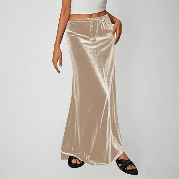 Ladies' Solid Color Elastic Waist Drawstring Long Skirt - Flowy and Comfortable Midi Skirt, Great for Casual or Dressed-Up Outfits