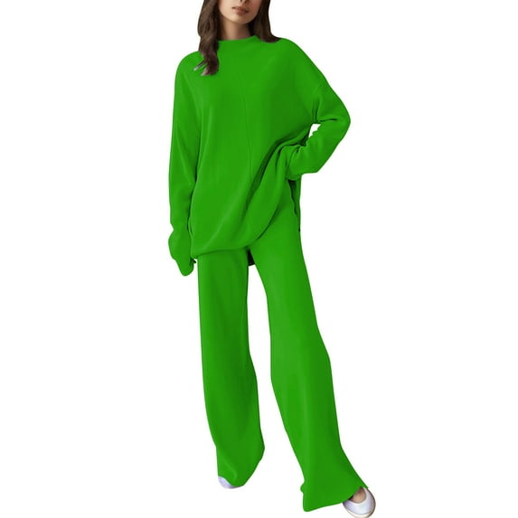 Ladies' Solid Color Knitted Turtleneck Sweater And Trousers Set For Fall/Winter Elegant And Stylish