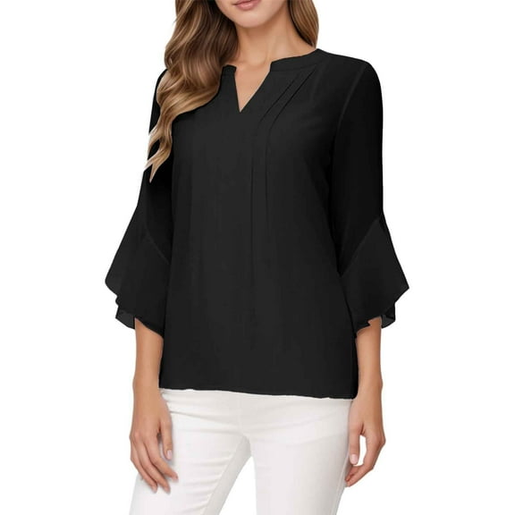 Ladies' Solid Color Leaf Three Quarter Sleeve Fashionable And Casual Loose V Neck Shirt