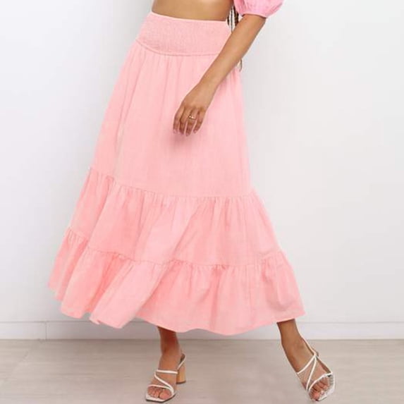 Ladies Solid Color Pleated Stitching Elastic High Waist Long Skirt Girls Poodle Skirt Silk Midi Skirt Womens Skirts Knee Length Formal Skirt Skirt Shorts for Women Leather Skirts for Women High Waist