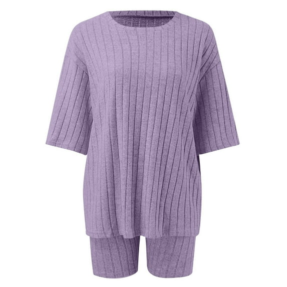 Ladies' Solid Color Round Neck Loose Shorts Set - High Waist Elastic Waistband, Lightweight Polyester, Two Side Pockets, Suitable for All Seasons