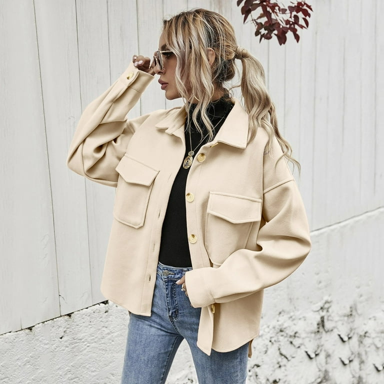 Ladies Solid Color Single Breasted Woolen Jacket Casual Short Lapel Loose Jacket Walmart