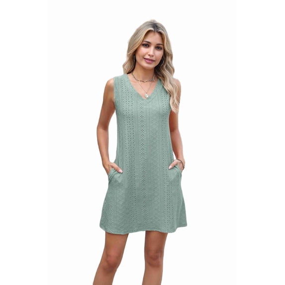 Ladies Solid Color Sleeveless V-Neck Pocket Dress Dark Green M