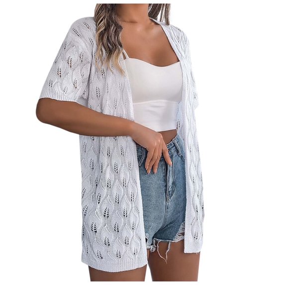Ladies Solid Color Summer Crochet Leaf Short Sleeve Knit Cardigan Lightweight Sun Cover Up For Vacation Travel Clothes Sun Shirt