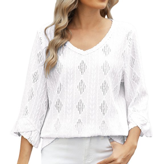 Ladies' Solid Color V Neck Pattern Lace Up Sleeve Loose T Shirt For Spring/Summer