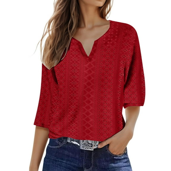 Ladies' Solid Color V-Neck Three Quarter Sleeve Shirt - Polyester Material - S-XXL