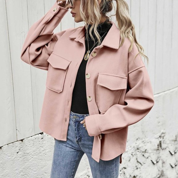 Ladies Solid Color Woolen Jacket Casual Short Lapel Loose Jacket Pull And Bear Jacket Coats for plus Size Women Womens Jacket with Hood Western Leather Coat Western Coats for Women Puffy Jacket Women