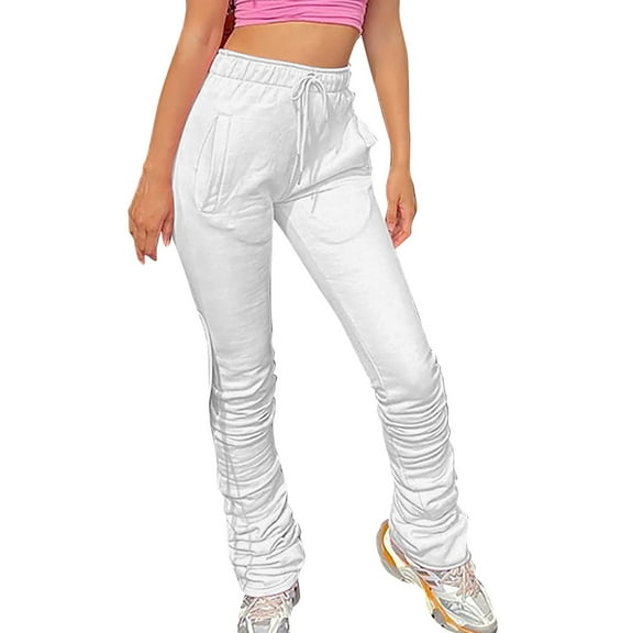 Ladies' Solid High Rise Pleated Drawstring Casual Stack Temperament Pants