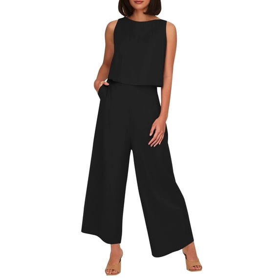 Ladies Solid Linen 2-Piece Set - Sleeveless Vest & High-Waisted Wide-Leg Pants, Side Pockets, Summer Casual Wear - S-XXXXL Sizes