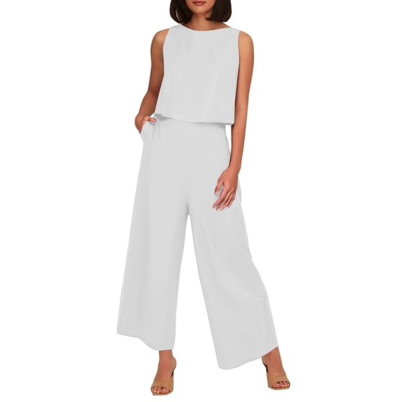 Ladies Solid Linen 2-Piece Set - Sleeveless Vest & High-Waisted Wide-Leg Pants, Side Pockets, Summer Casual Wear - S-XXXXL Sizes