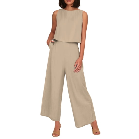 Ladies Solid Linen 2-Piece Set - Sleeveless Vest & High-Waisted Wide-Leg Pants, Side Pockets, Summer Casual Wear - S-XXXXL Sizes