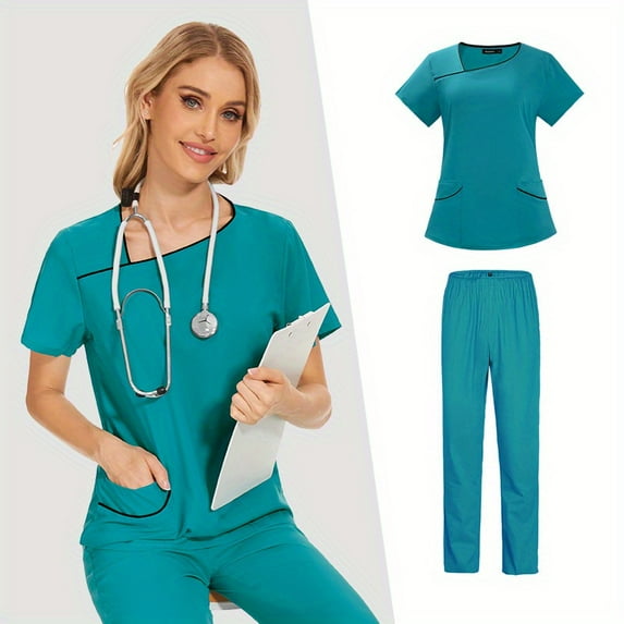 Ladies' Solid - color Work Uniform: A Casual and Comfortable Nurse Suit with Color - blocking Design