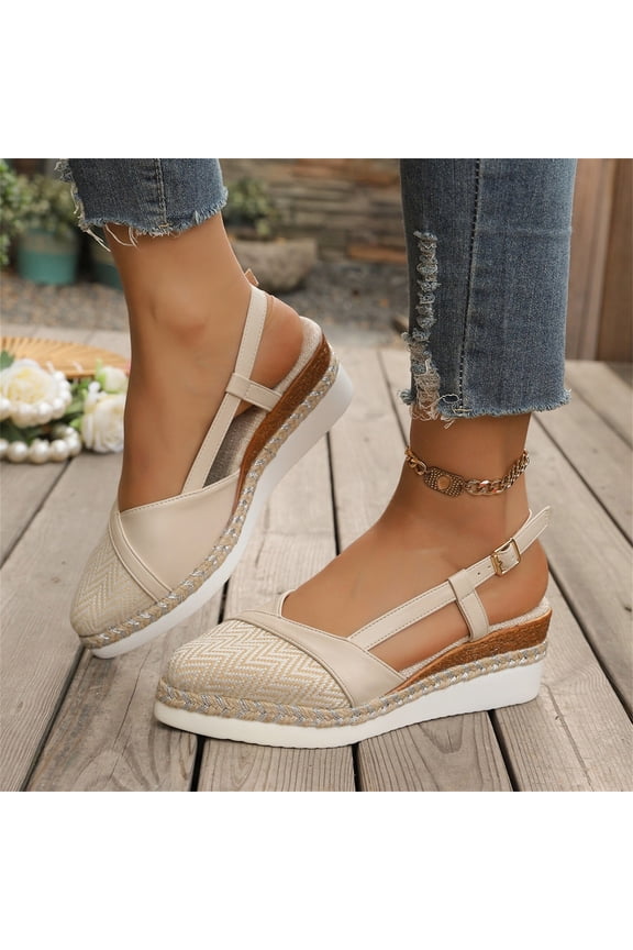 Ladies' Sparkly Rhinestone Espadrille Wedge Sandals, Adjustable Buckle Ankle Strap Comfort Platform Shoes Beige 36