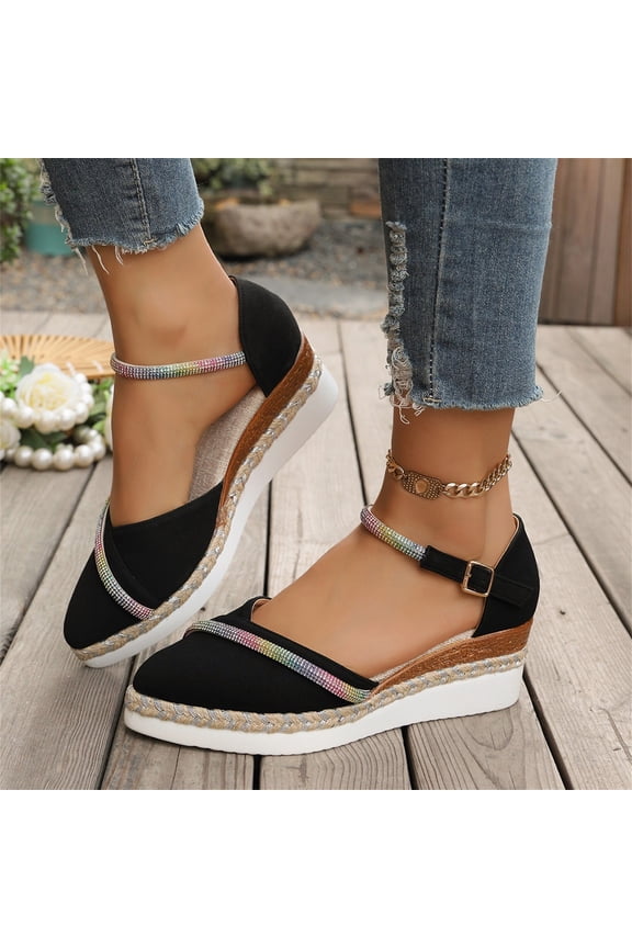 Ladies' Sparkly Rhinestone Espadrille Wedge Sandals, Adjustable Buckle Ankle Strap Comfort Platform Shoes Black 41
