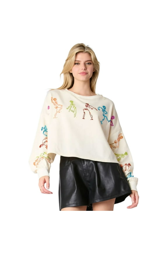 Ladies Sparkly Skeleton Pattern Sweatshirt Top for Festive Fashion