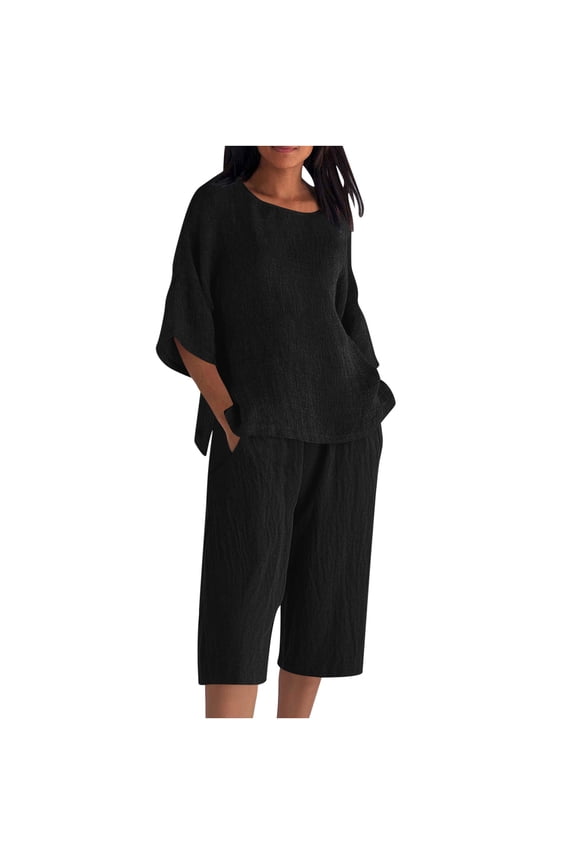 Ladies Sports Hooded Sweatsuits Womens Plus Size Capris Sets, Summer 2 Piece Linen Outfits, 3/4 Sleeve Side Slit Blouse Tops Cropped Pants with Pockets Black 3XL