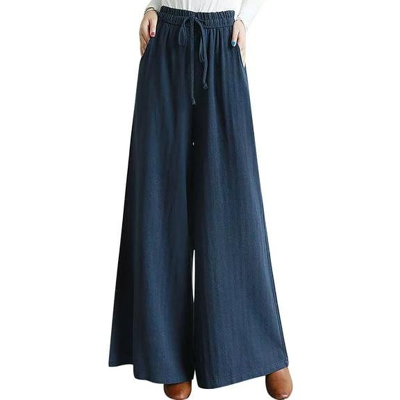 Ladies Spring And Autumn Solid Cotton And Linen Wide Leg Drawstring Loose Casual Pants Slim Elastic Waist Wide Leg Pants