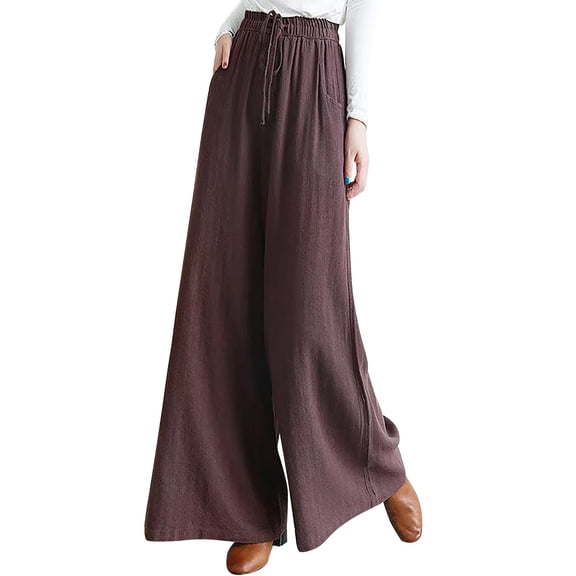Ladies Spring And Autumn Solid Cotton And Linen Wide Leg Drawstring Loose Casual Pants Slim Elastic Waist Wide Leg Pants