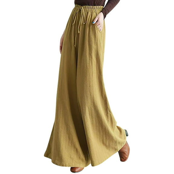 Ladies Spring And Autumn Solid Cotton And Linen Wide Leg Drawstring Loose Casual Pants Slim Elastic Waist Wide Leg Pants
