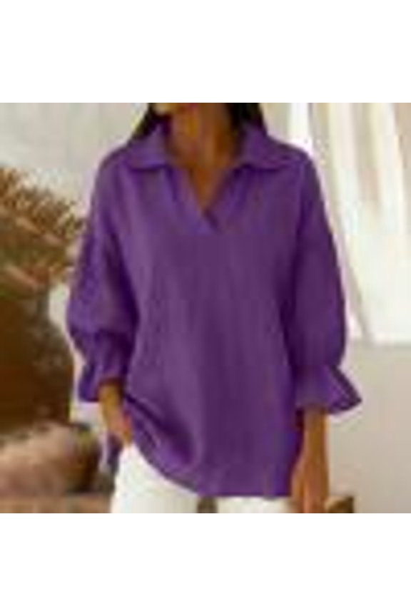 Ladies Spring Casual Shirts Cotton Linen Lapel Puff 3/4 Sleeve Pullover Blouse Elegant Loose Fit Soft Tops Women Fashion Workout Tops Bussiness Office Clothes