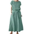 thumbnail image 1 of Ladies Spring Summer And Autumn Solid Color Fashion Loose Bohemian Short Sleeve Round Neck Solid Color Cotton And Linen Belt Maxi Dress, 1 of 1