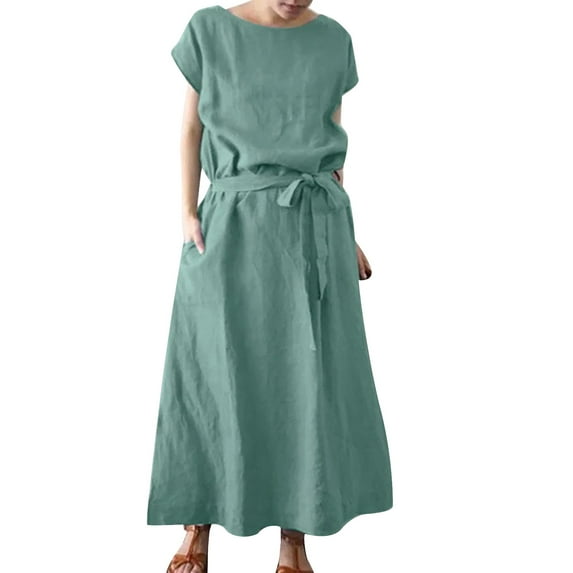 Ladies Spring Summer And Autumn Solid Color Fashion Loose Bohemian Short Sleeve Round Neck Solid Color Cotton And Linen Belt Maxi Dress