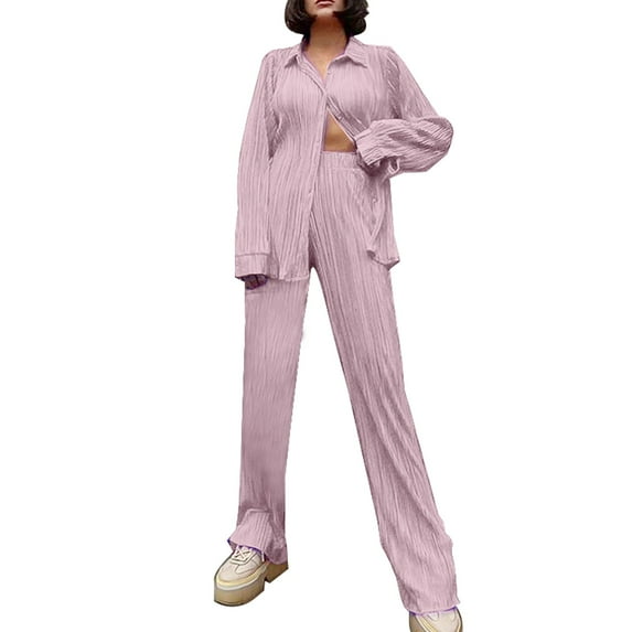Ladies Spring And Summer Solid Color Hanging Loose Pleated Casual Two Piece Set Two Piece Skirt And Shirt plus Size Pant Suits for Women A Tracksuit for Women Fall Outfits Juniors Womens Romper