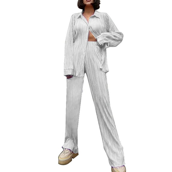 Ladies Spring And Summer Solid Color Hanging Loose Pleated Casual Two Piece Set Two Piece Skirt And Shirt plus Size Pant Suits for Women A Tracksuit for Women Fall Outfits Juniors Womens Romper