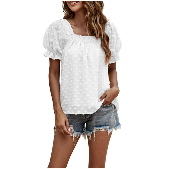 Ladies Square Neck Tops Solid Color Pleated Puff Short Sleeve Shirts Casual Fashion Jacquard Chiffon Blouses (S, White)