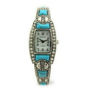 Ladies Square Stones Metal Link Bracelet Fashion Watch Pearl Dial Wincci (Silver Turquoise)