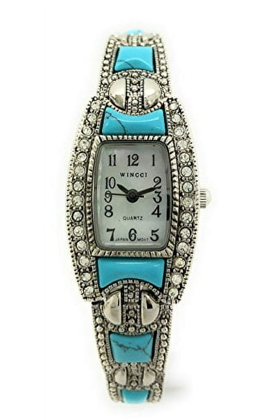Ladies Square Stones Metal Link Bracelet Fashion Watch Pearl Dial Wincci (Silver Turquoise)