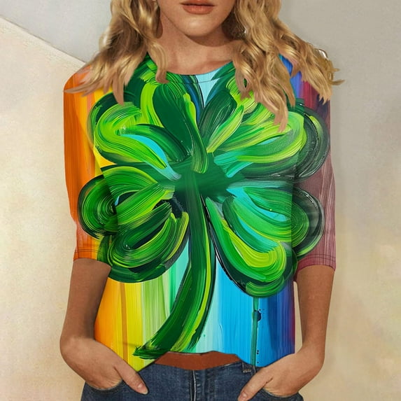 Ladies St. Patrick's Day Tops, 3/4 Sleeve T Shirt Women, Crew Neck Blouses Women's St. Patrick's Day Printed Fashion Tees Casual Crewneck 3/4 Sleeved Ladies Tops Blouses Shirts