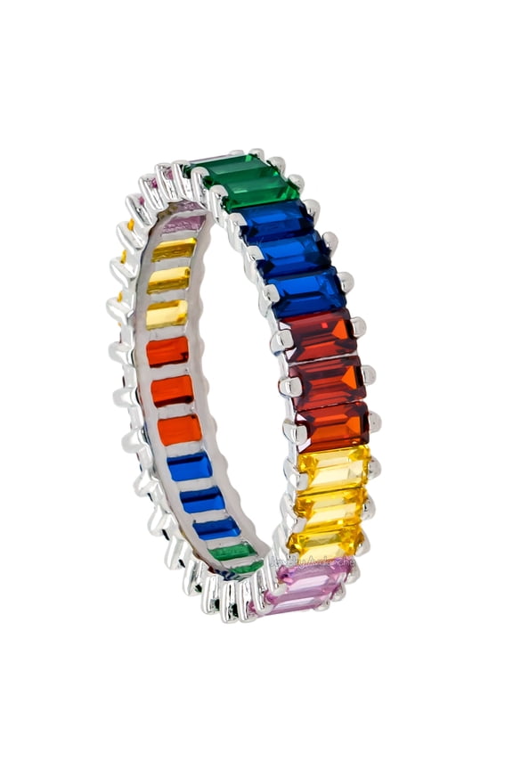 Ladies Sterling Silver Eternity Ring Rainbow Baguette Cut CZ Prong Set Rhodium Plated 4.4MM Band - JA00208RBC-7