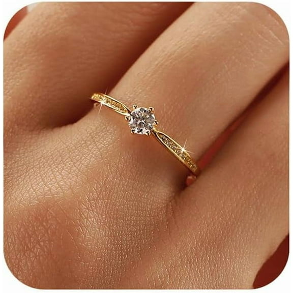 Ladies' Sterling Silver Gold-Plated Round-Cut Moissanite Promise Ring Classic Timeless Bridal Wedding Ring Jewelry Gift for Your Wife