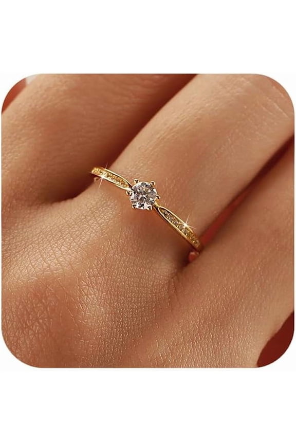 Ladies' Sterling Silver Gold-Plated Round-Cut Moissanite Promise Ring Classic Timeless Bridal Wedding Ring Jewelry Gift for Your Wife