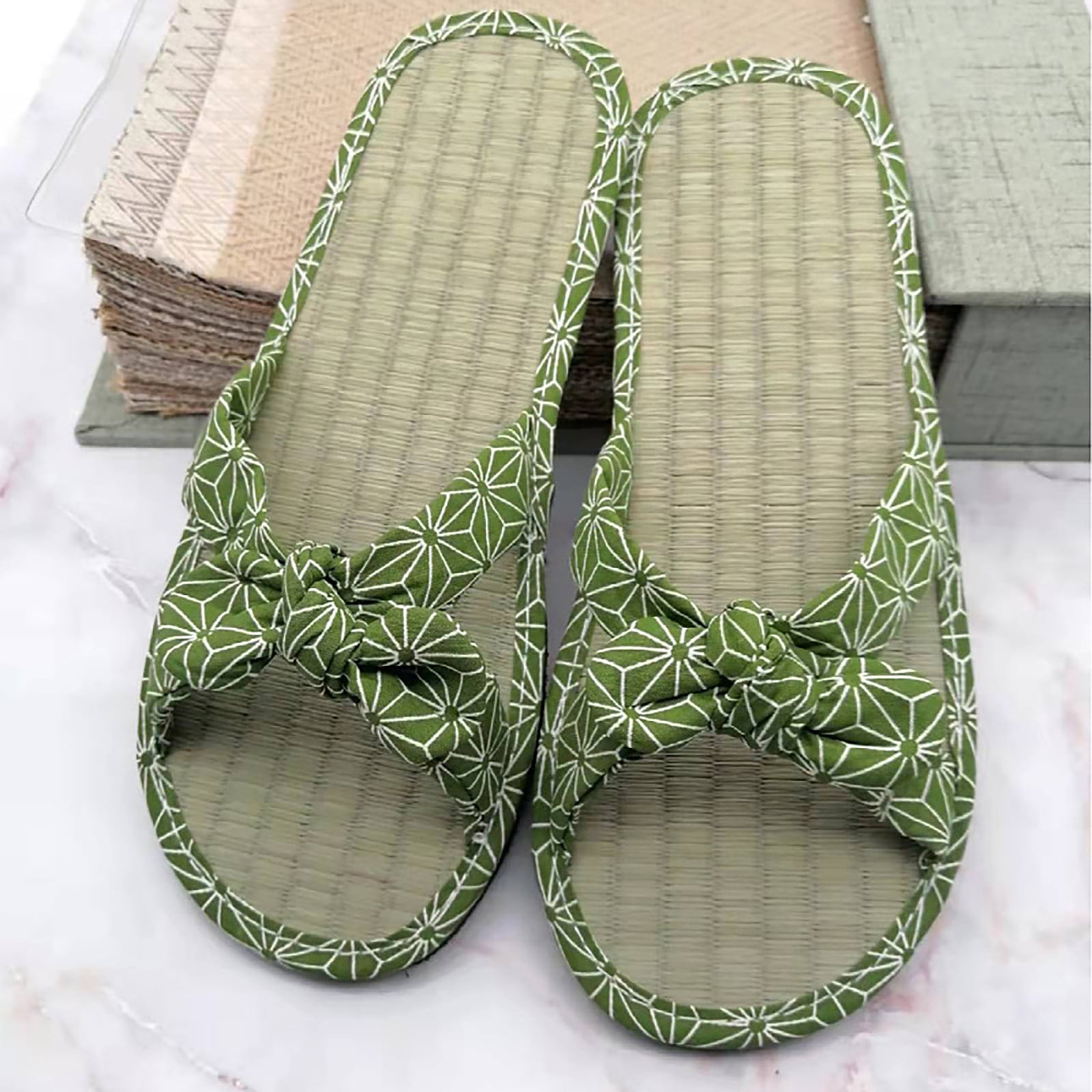 Ladies Straw Mat Slippers Casual Bow Rattan Grass Slippers Home