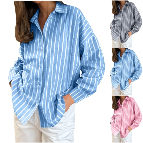 Ladies Striped Lapel Button Down Long Sleeve Shirt Blouse Top Casual Loose Fit Work Office Professional Elegant Fall Winter Fashion | CSEONE,Blue XL