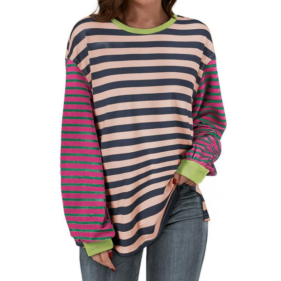 Ladies Striped Sweatshirts Oversize Round Neck Color Block Pullover Top Loose Casual Drop Shoulder Fall Winter Outfits (L, Purple)