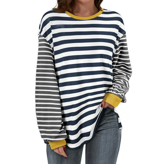 Ladies Striped Sweatshirts Oversize Round Neck Color Block Pullover Top Loose Casual Drop Shoulder Fall Winter Outfits (M, Blue)