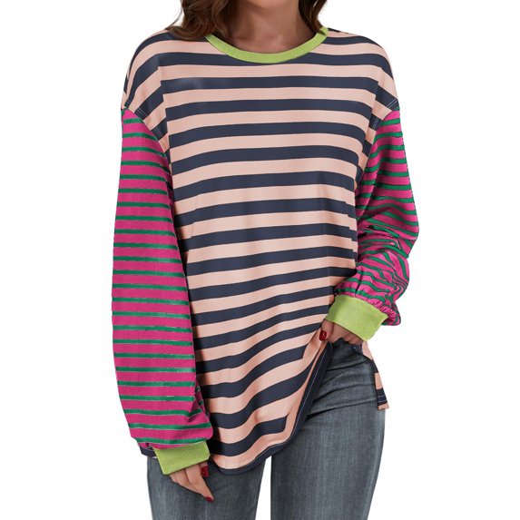 Ladies Striped Sweatshirts Oversize Round Neck Color Block Pullover Top Loose Casual Drop Shoulder Fall Winter Outfits (XL, Purple)