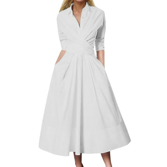 Ladies Stylish Dresses Solid Color High Waisted Long Sleeve Collared Belted Pleated Pocket Work Party Dress Office Workwear Sundress For Woman