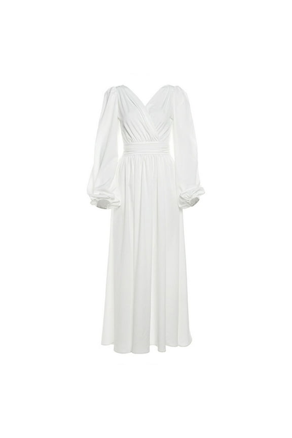 Ladies Stylish Puff Long Sleeve Backless Maxi Dress in White Low Neck Empire Waist Pleated Flowy Banquets Evening Gown