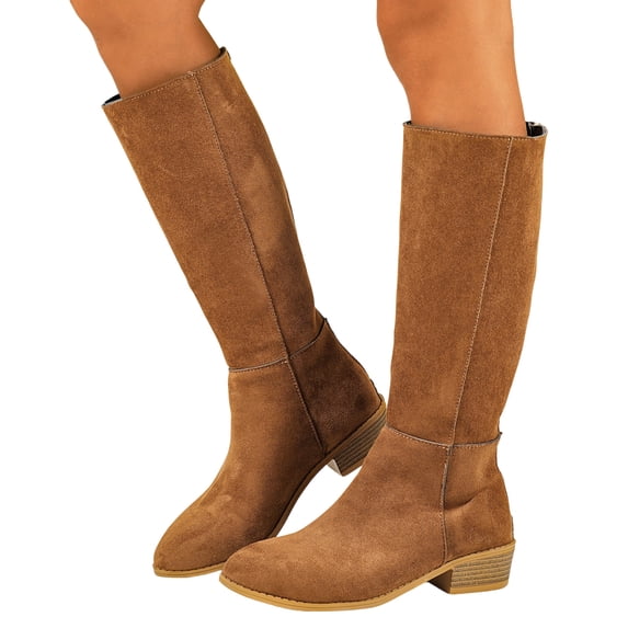 Ladies Suede Knee High Boots with Back Zipper Chunky Heel Solid Color Tall Western Boots for Fall Winter