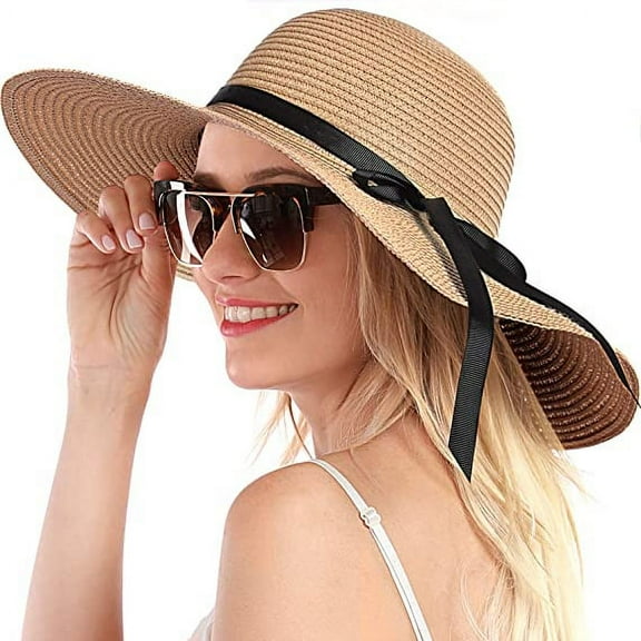 Ladies Summer Beach Straw Hat Wide Brim Floppy Foldable Beach Cap Adjustable Sun Hat for Women UPF 50+ (Big Bowknot)