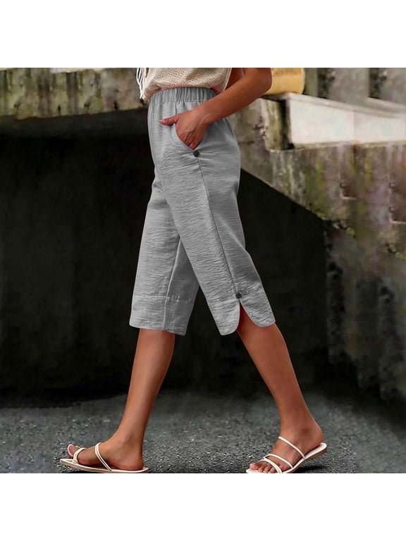 Ladies Summer Casual Capris Solid Color Loose Fitting Cropped Pants with Pockets for Beach Travel Gray S